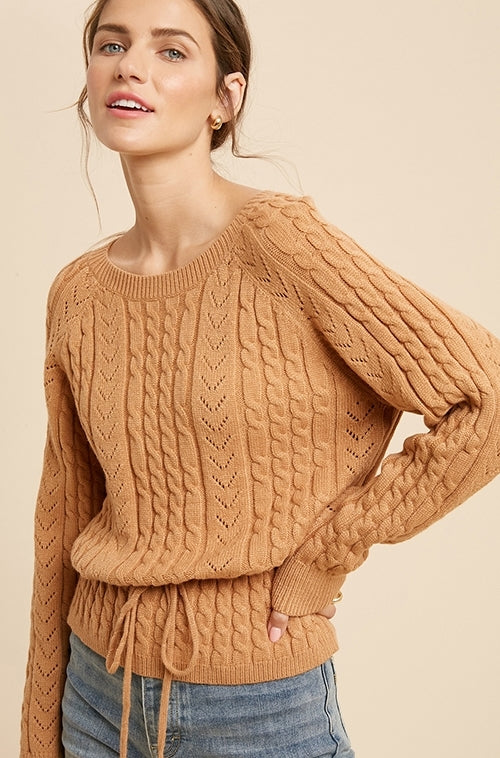 Cable Knit Drawstring Long Sleeve Sweater in Camel color.