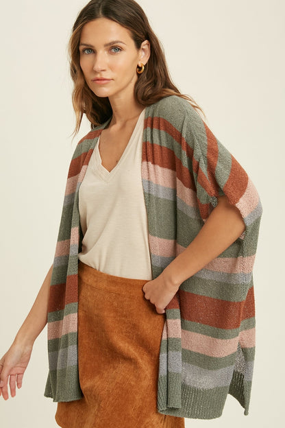 Stripe Dolman Short Sleeve Cardigan in the olive combo color. The model is wearing an off-white v-neck top underneath.
