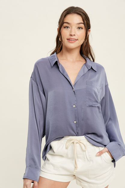 The Satin Button-Up Blouse. Available in 4 different colors from KADOU Boutique.