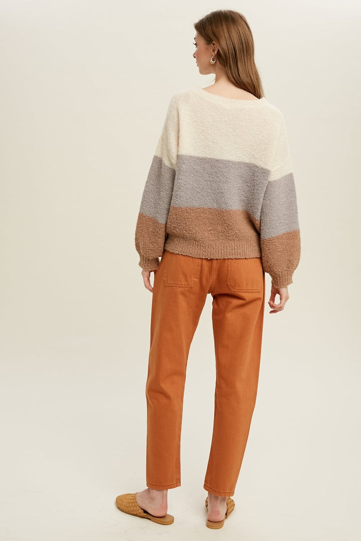 Colorblock Balloon Sleeve Sweater. Back view.