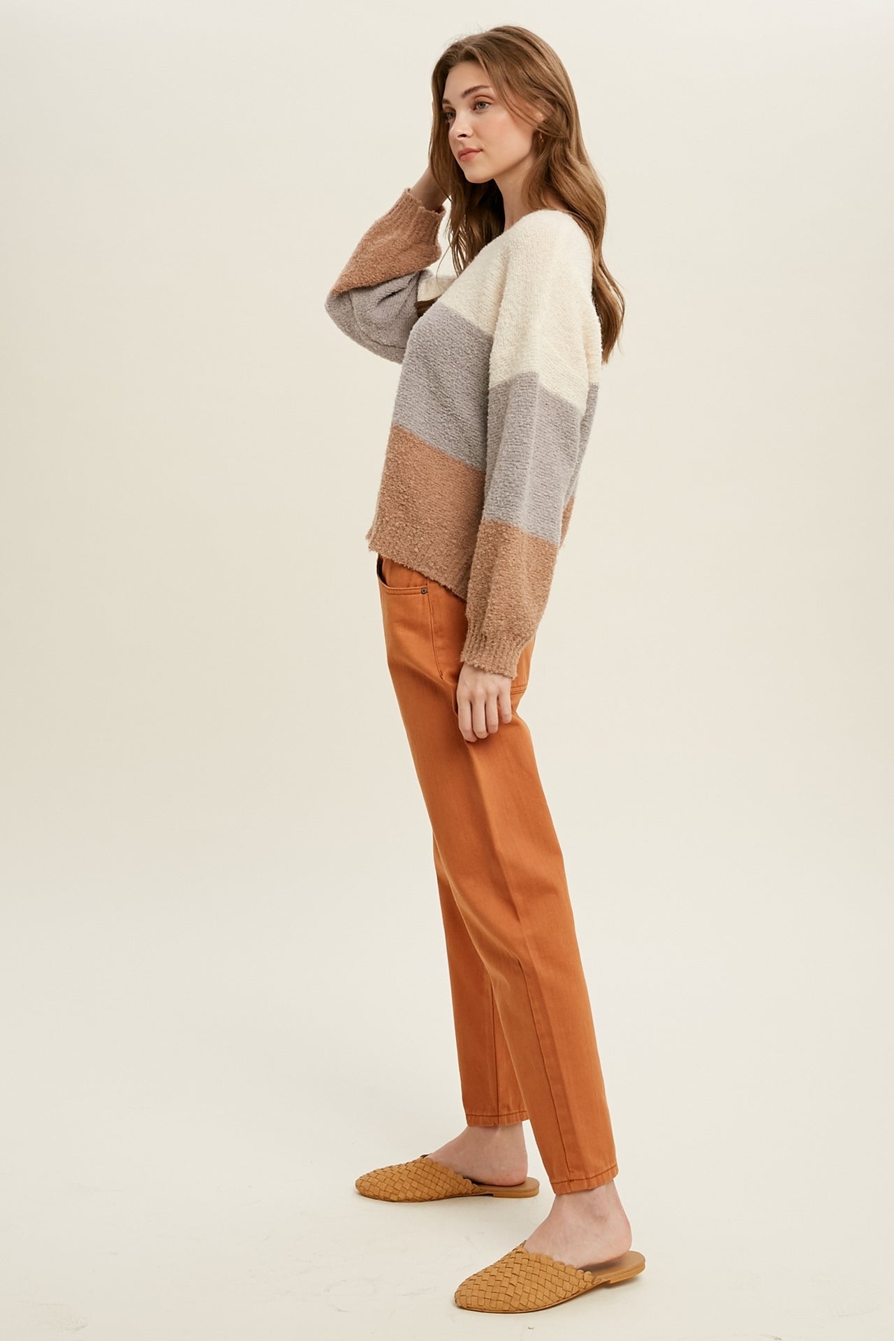 Colorblock Balloon Sleeve Sweater in the Grey/Mocha color combination.. Side view.