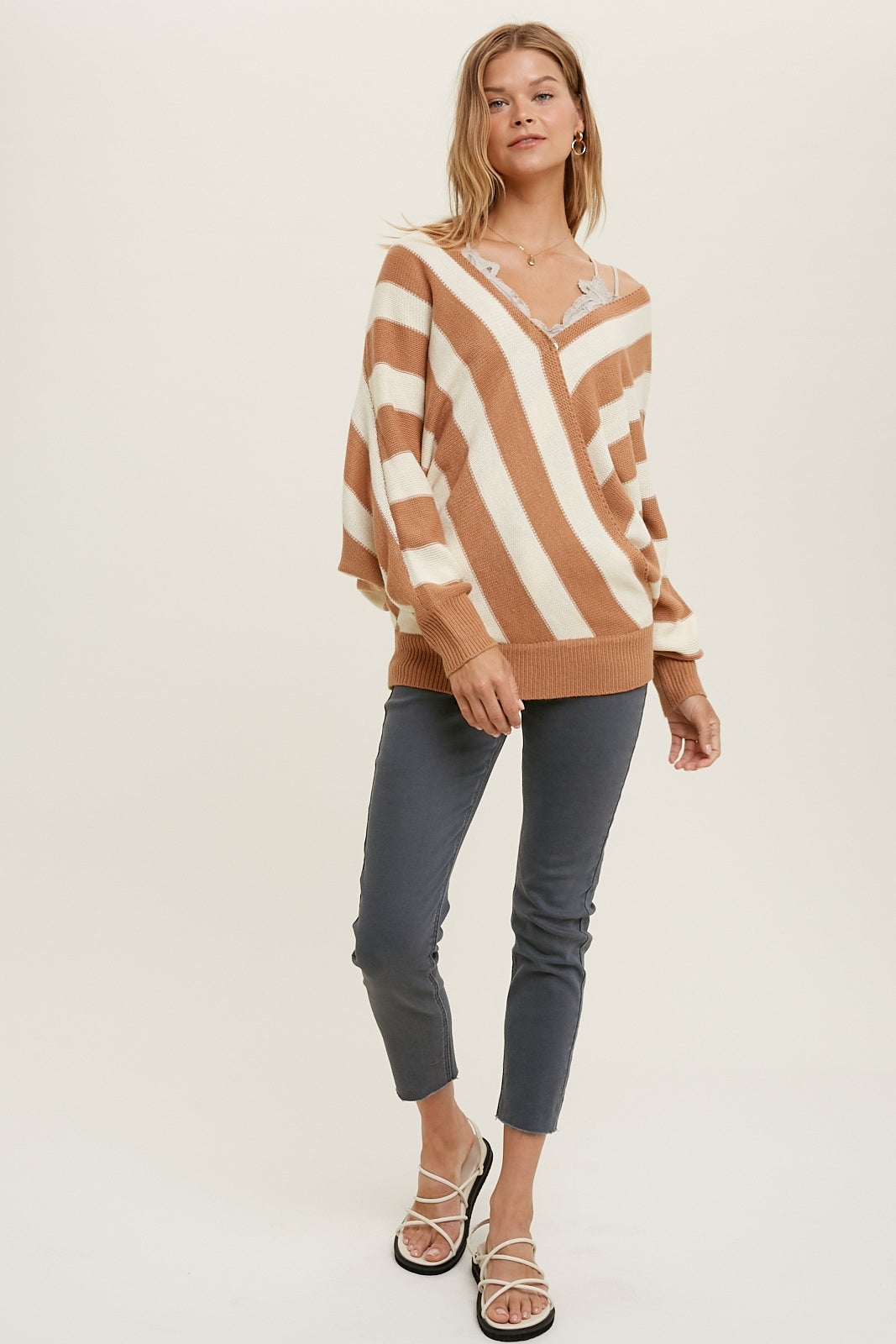 Striped Surplice Batwing Sweater