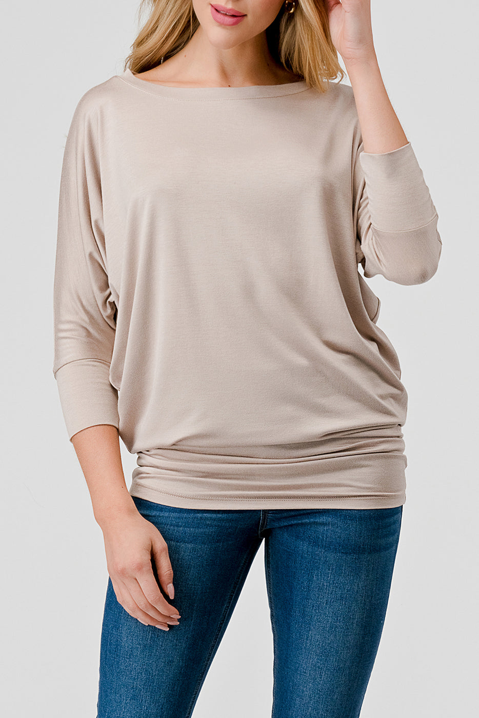 Comfy Modal 3/4 Dolman Sleeve Top in Light Taupe color. Available at Kadou Boutique. Free shipping.
