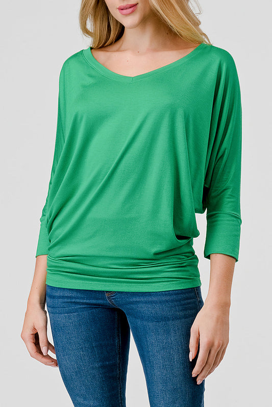 Comfy Modal 3/4 Dolman Sleeve Top - V Neck in Kelly Green color.