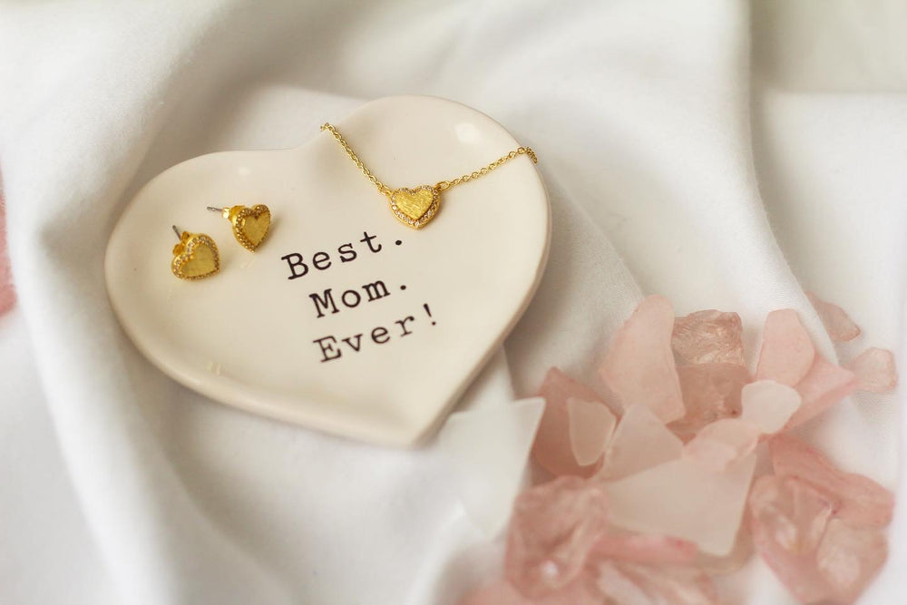 Etched heart pave stud earrings from KADOU Boutique