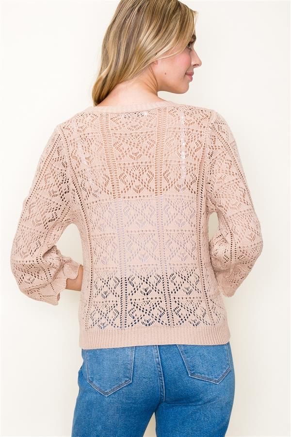 Crochet  Cardigan in light mocha color. Back view.