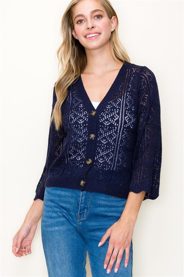 Crochet Summer Cardigan in navy blue color. From Kadou Boutique.