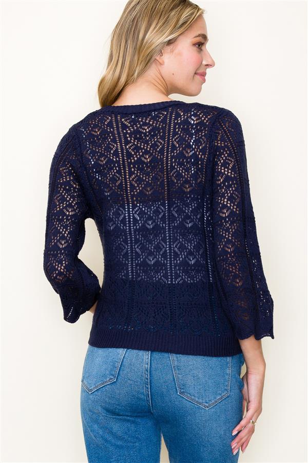 The Crochet 3/4 sleeves-cardigan in navy blue color. From the back.