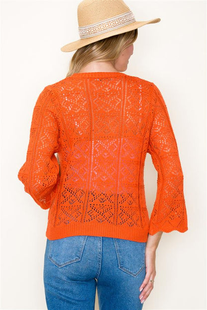 Crochet Summer Cardigan in dark orange color. Back view.