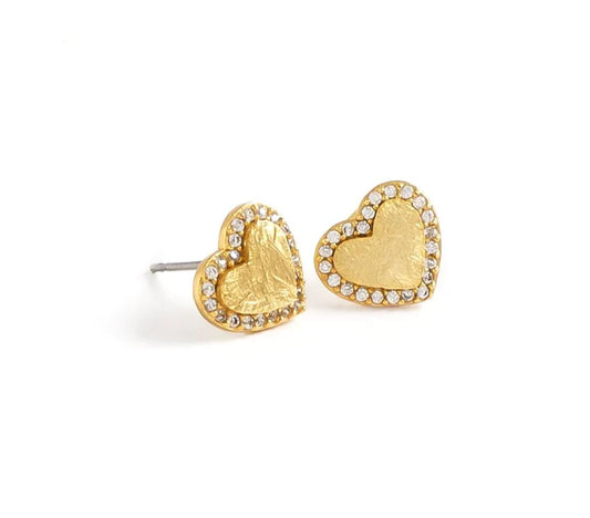 The gold heart earrings stud push-backs feature, an embossed distressed style within the gold heart garnished by a border of shimmery cubic zirconia stones.