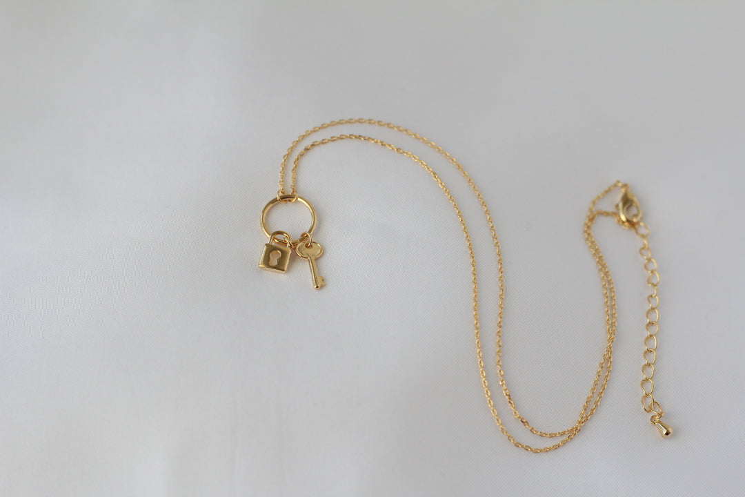 Shiny Lock and Key Ring Necklace