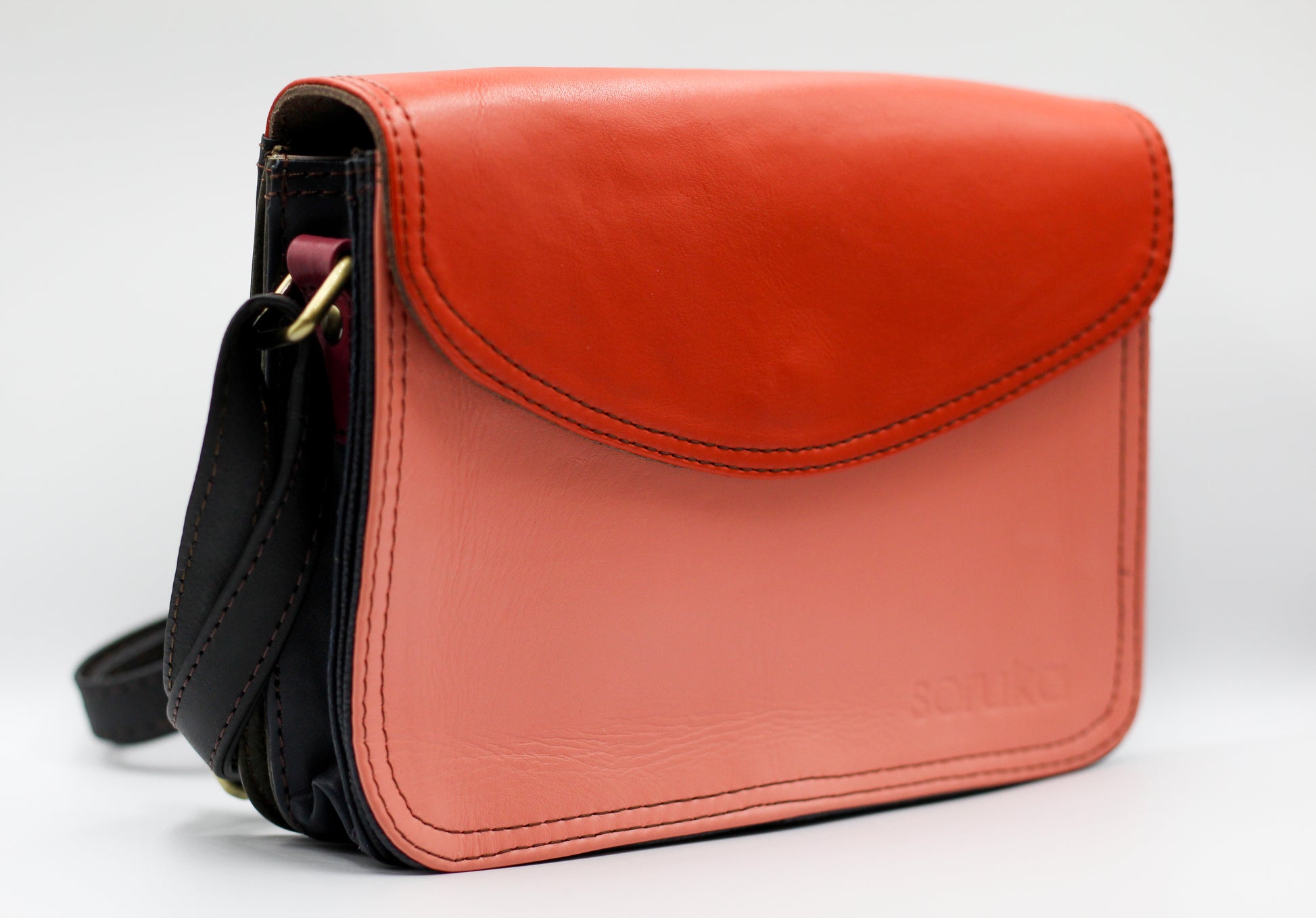 Beth Multicolored Leather Crossbody Satchel Red and Peach Pink by Soruka
