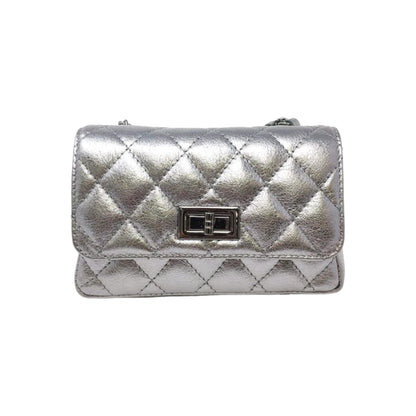 Quilted Small Leather Bag in Pewter color at Kadou Boutique.