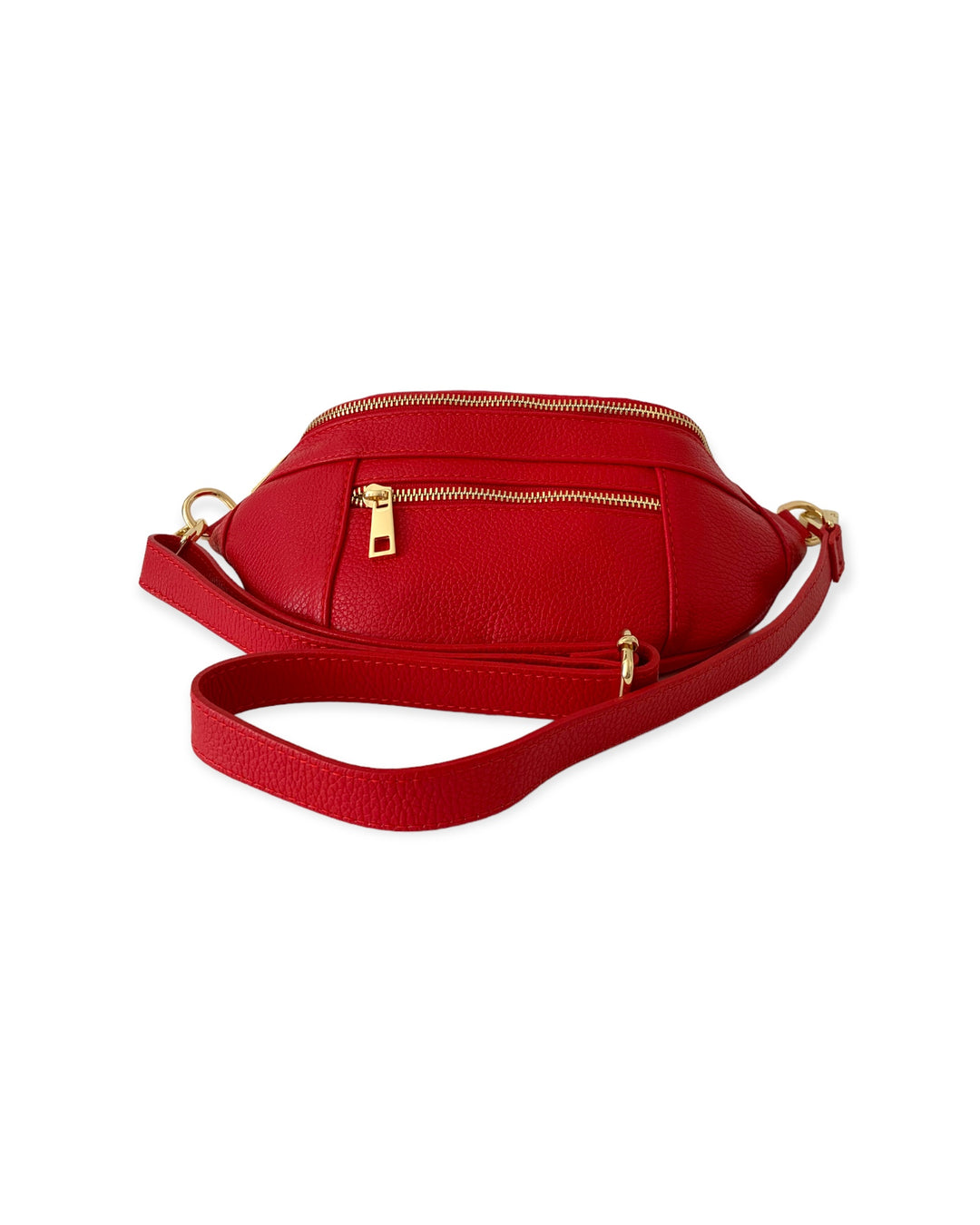 Leather Fanny Pack at KADOU Boutique in Red. Free Shipping. Front view with the strap.